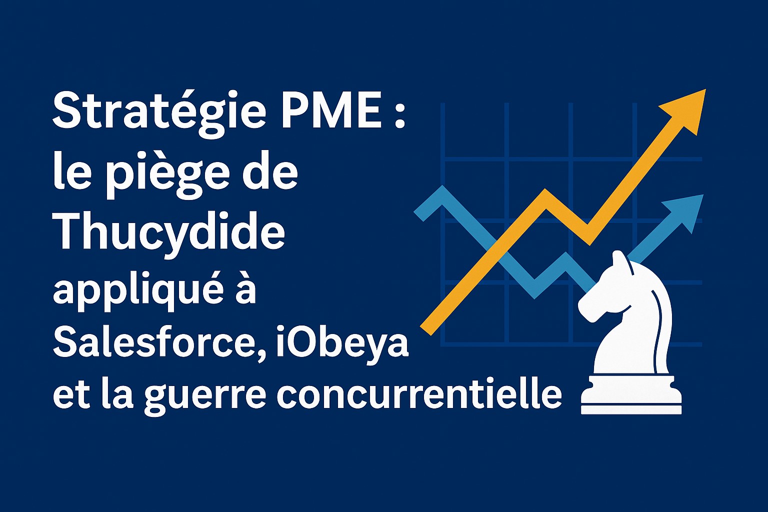 Illustration symbolique du piège de Thucydide appliqué aux stratégies concurrentielles des PME, avec Salesforce et iObeya comme exemples.