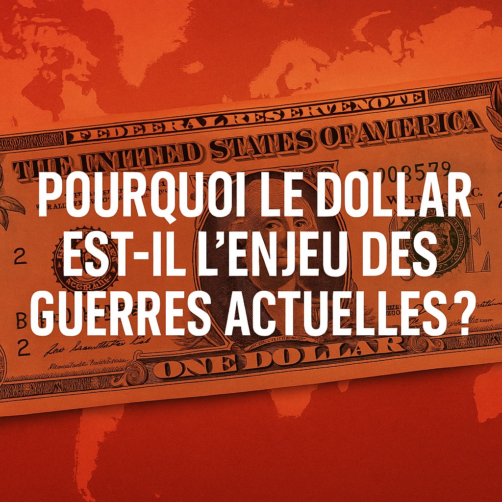 Illustration sur fond noir et rouge avec le mot "Dollar" en lettres blanches, représentant la guerre économique autour de la monnaie USD