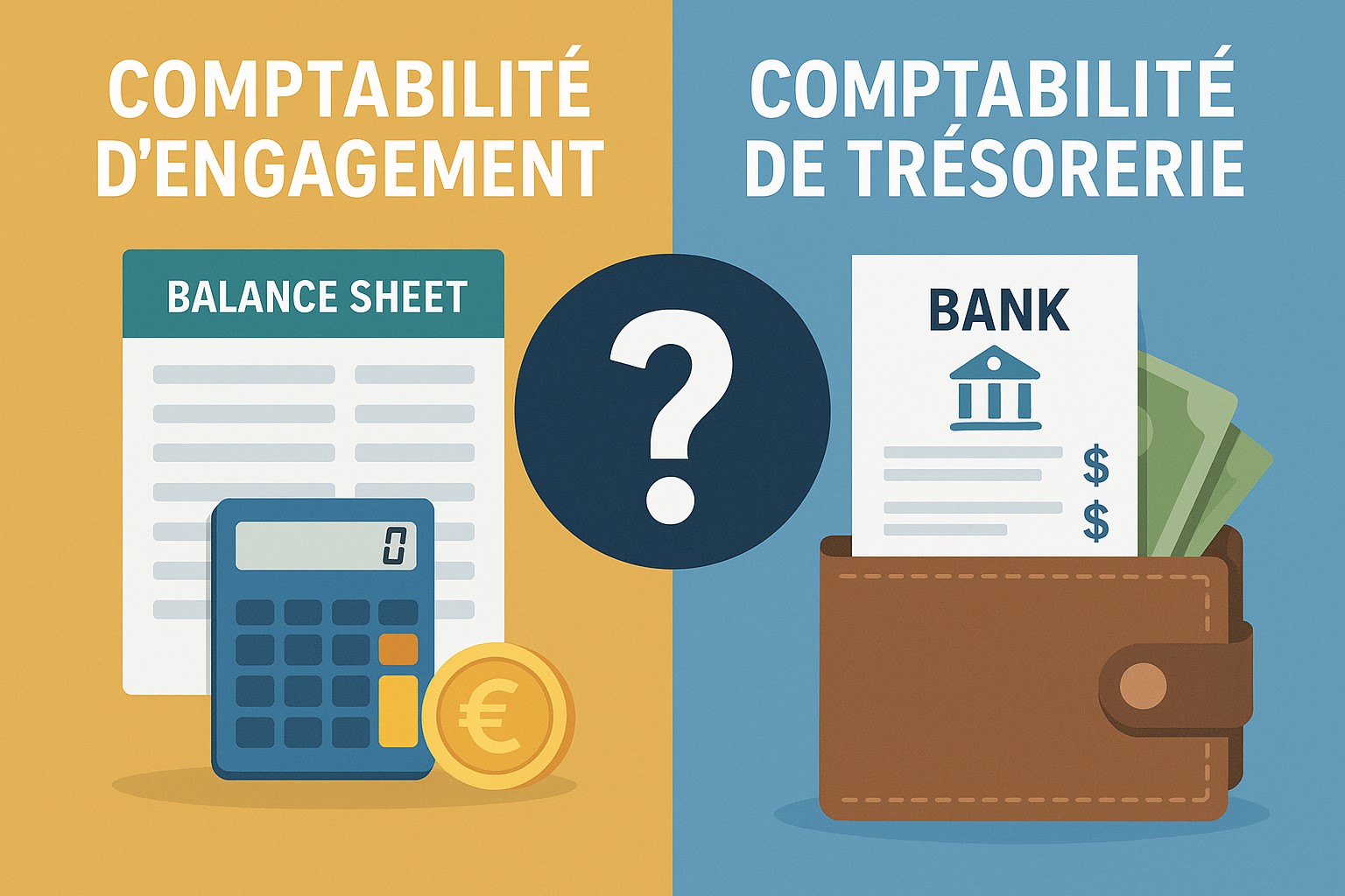 Illustration flat design comparant la comptabilité d’engagement (balance sheet, calculatrice, pièce euro) et la comptabilité de trésorerie (reçu bancaire, portefeuille, billets), avec un point d’interrogation au centre