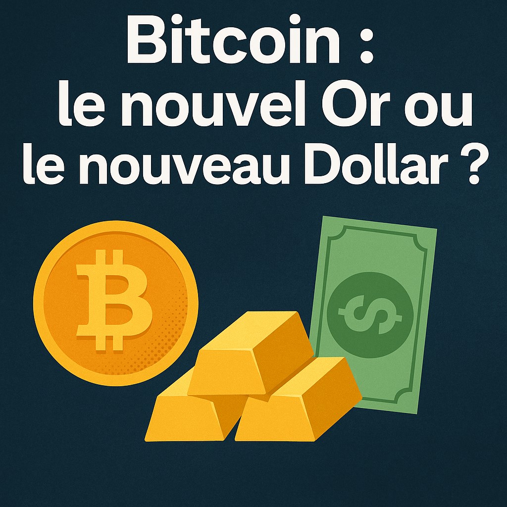 Illustration numérique représentant la comparaison entre le Bitcoin, le Dollar et l'Or