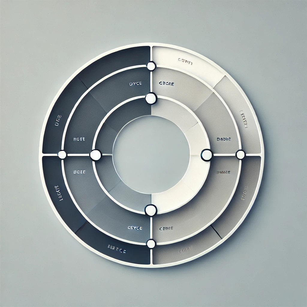 Schéma circulaire abstrait représentant un cycle en cinq phases, utilisé pour modéliser les dynamiques d’évolution d’un marché.