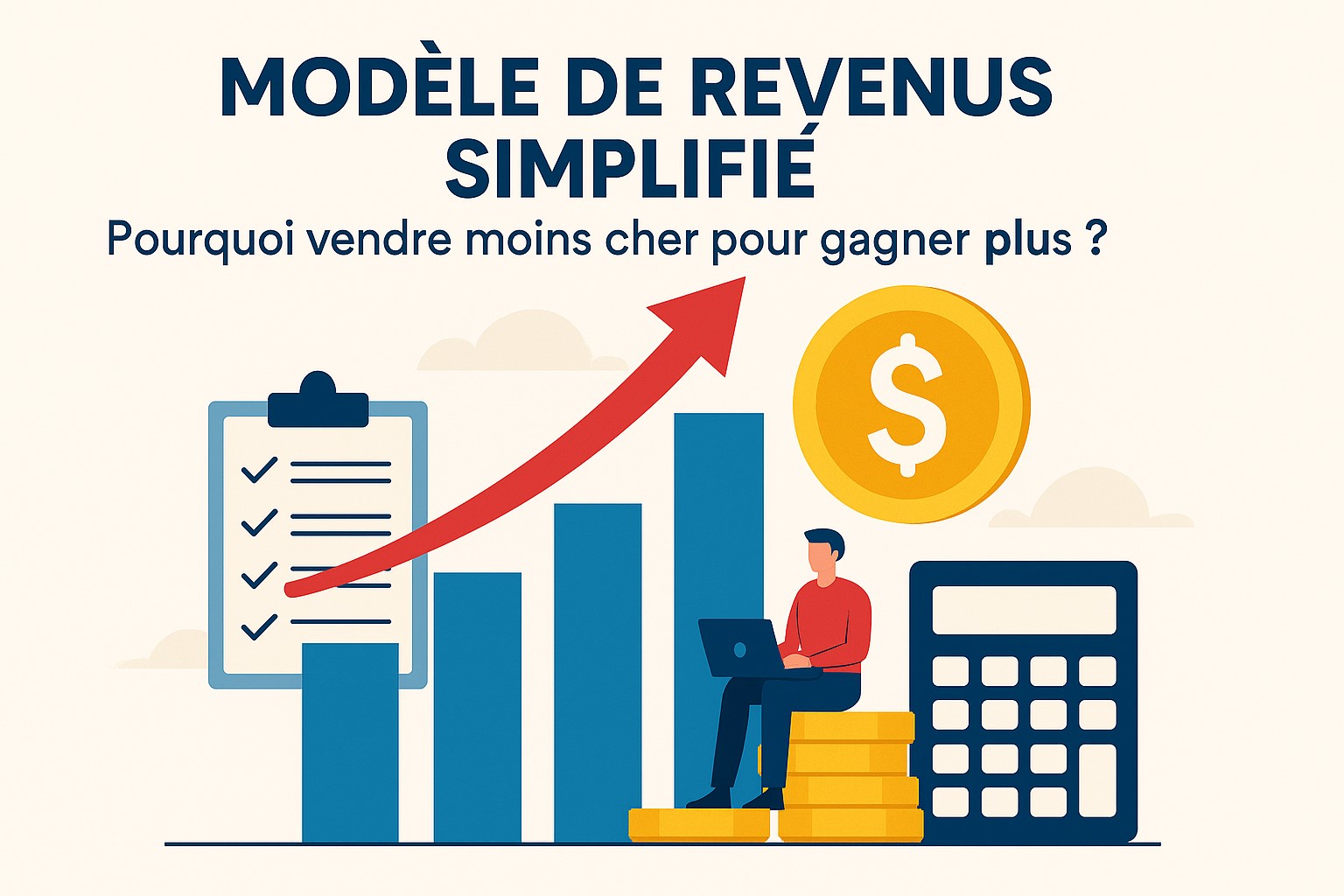 Graphique illustrant un modèle de revenus simplifié, avec flèche ascendante, pièces de monnaie, calculatrice et un professionnel au travail.