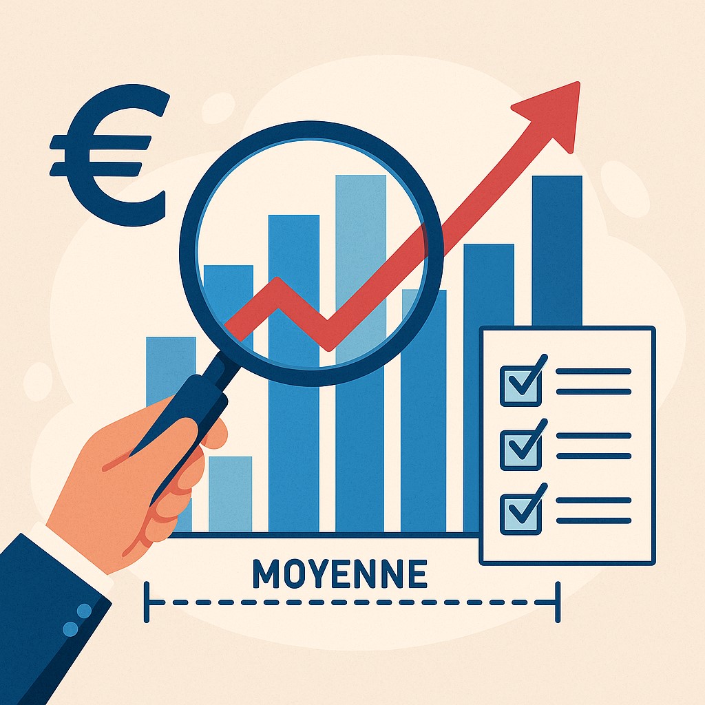 Illustration d’une main tenant une loupe sur un graphique financier avec courbe rouge montante, symbole euro, checklist, et mention “moyenne”