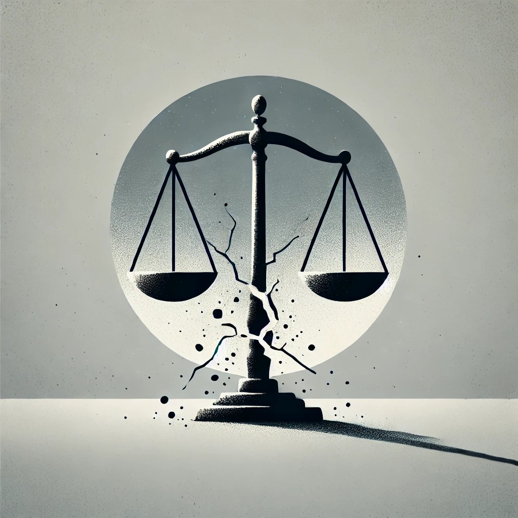 Balance de la justice fissurée en son centre, illustrant le conflit entre équité perçue et logique de mérite.
