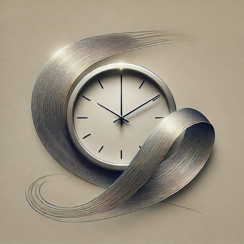 Illustration abstraite du concept stratégique du Temps, avec une horloge entourée d’un flux dynamique évoquant le mouvement et la transformation.