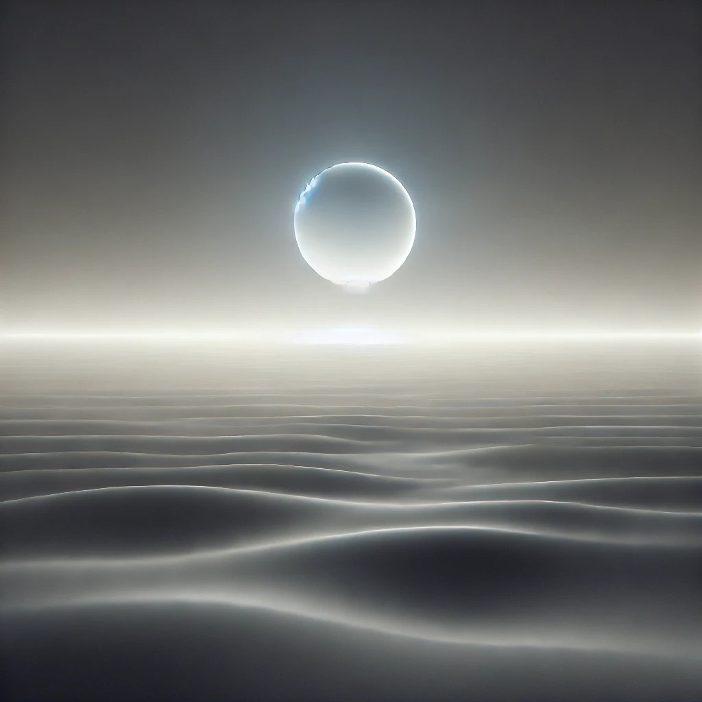 Illustration abstraite du concept stratégique du Vide, représentant une sphère lumineuse flottant au-dessus d’un espace fluide et indéfini.