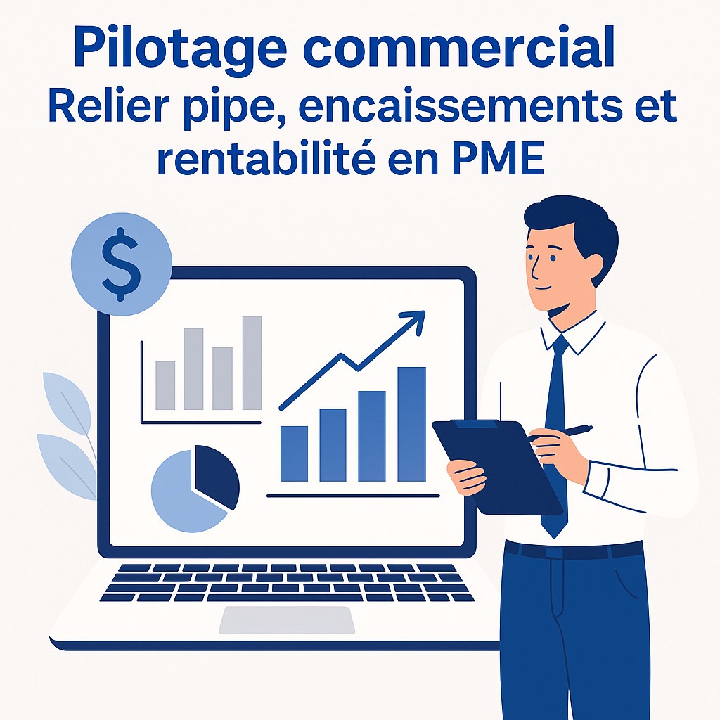 Illustration d’un dirigeant visualisant des données de ventes et de rentabilité, représentant le pilotage commercial en PME