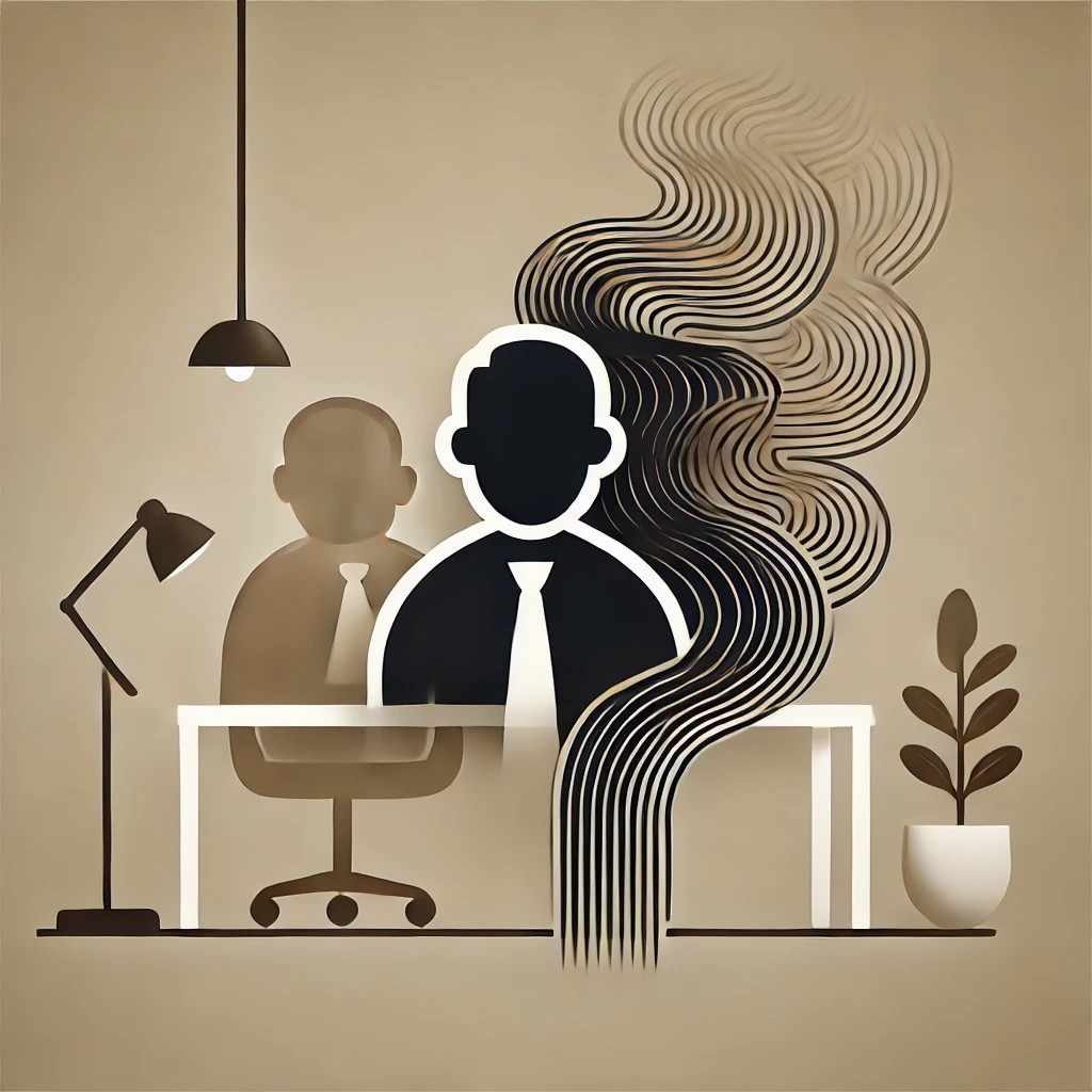 Illustration symbolique d’un profil toxique au travail, avec une silhouette sombre dégageant un flux perturbateur dans un bureau stylisé.