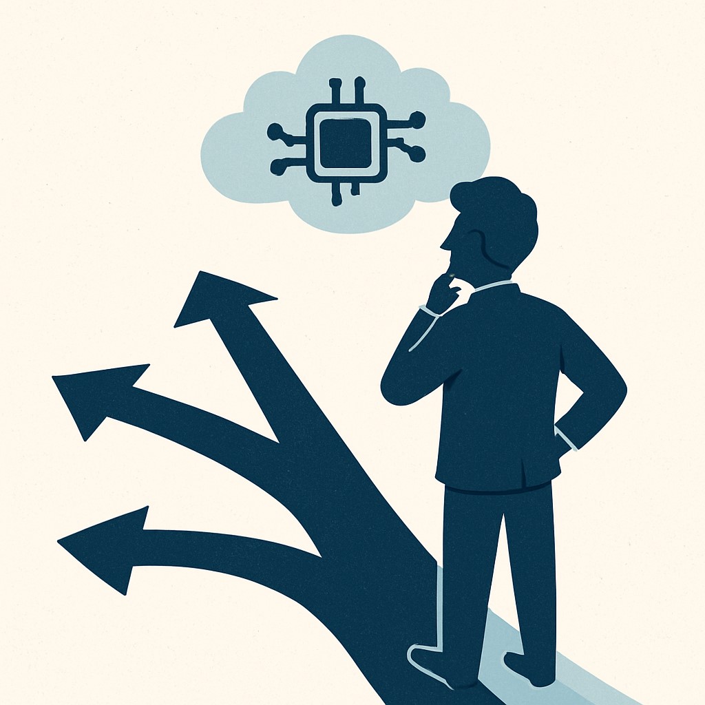 Illustration conceptuelle d’un dirigeant en réflexion stratégique face à une transformation