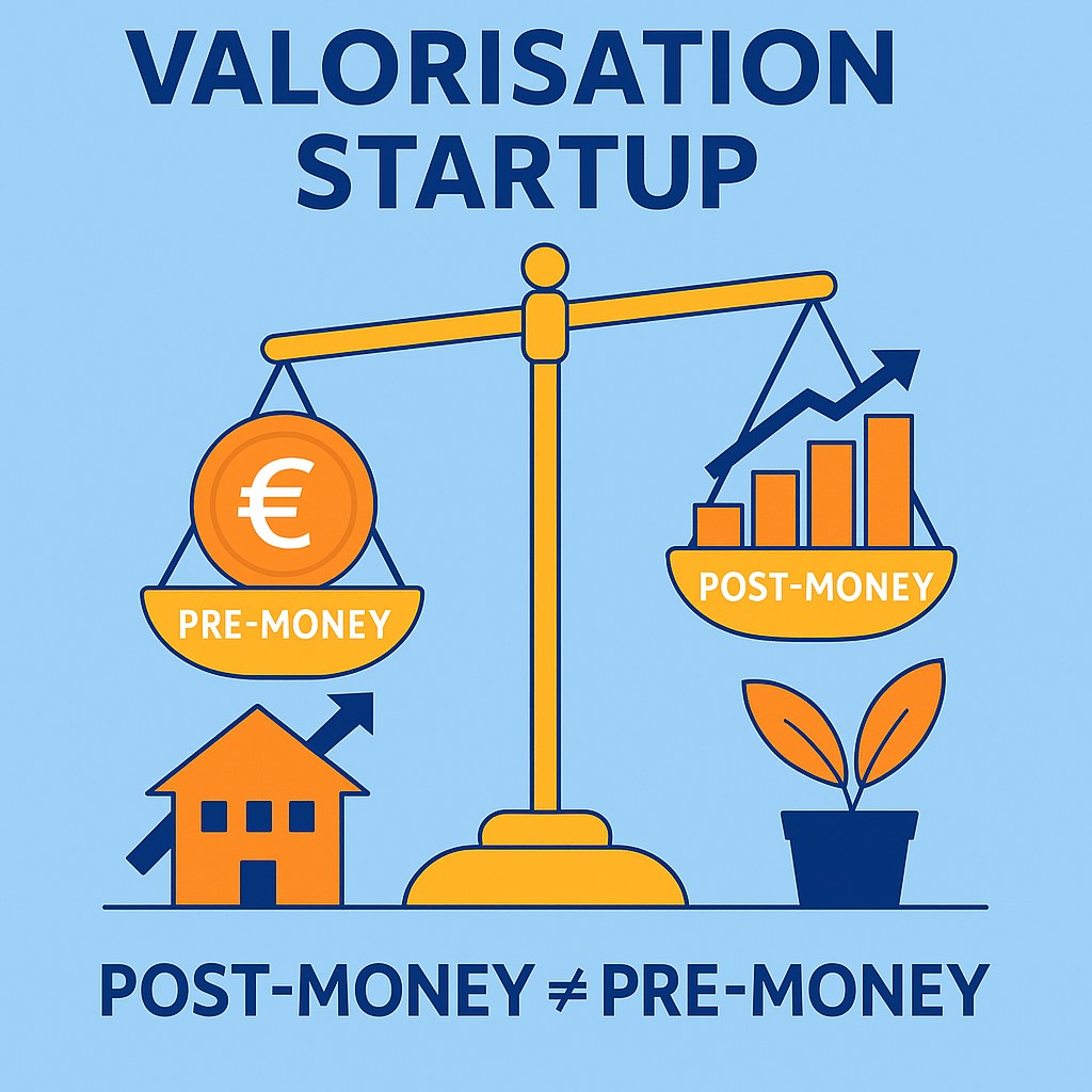 Illustration d'une startup montrant la différence entre valorisation pre-money et post-money lors d'une levée de fonds