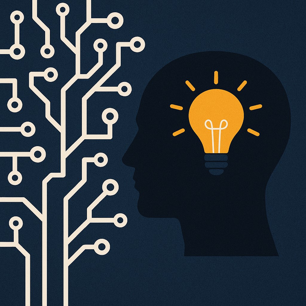Silhouette d’une tête humaine avec une ampoule lumineuse à l’intérieur, connectée à un circuit électronique symbolisant l’IA et l’innovation.