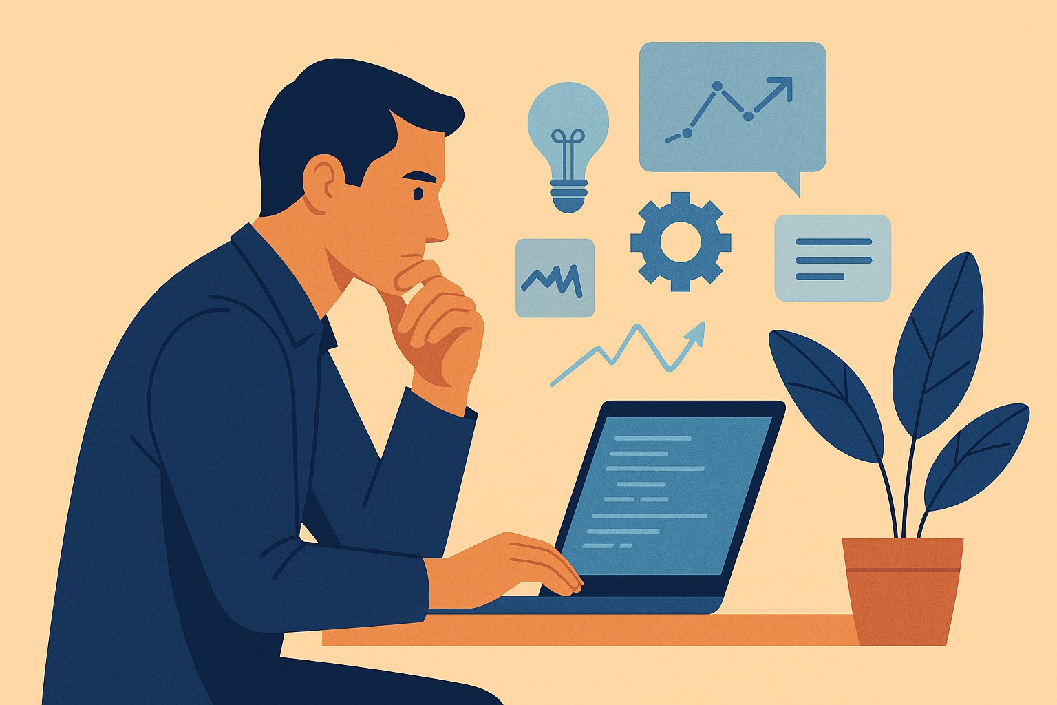 Illustration d’un professionnel explorant les enjeux de l’IA, du digital et de la stratégie de contenu dans l’univers entrepreneurial.
